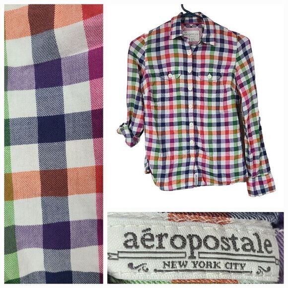 Aeropostale XS Soft Red Blue Check Plaid Button Down Long Sleeve Shirt Y2K 90s - Picture 1 of 11